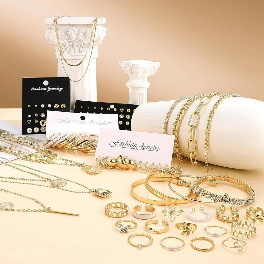 Golden Jewelry Set Women 124 pcs Layered Necklaces Bracelets Rings Earrings